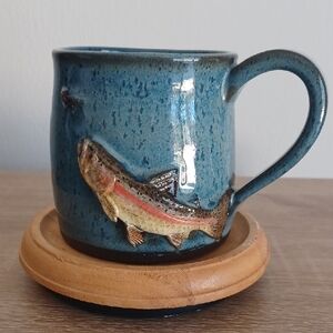 Handcrafted Blue Pottery Mug with Jumping Rainbow Trout Fish Design